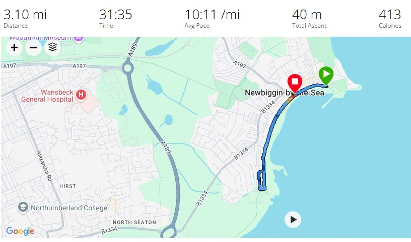 Garmin course map of Newbiggin-by-the-Sea parkrun showing 5K route along the coast
